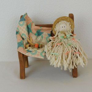 Mop Doll Sitting Wood Bench Handmade Sewn Country Girl Sewing Supplies Quilt Hat